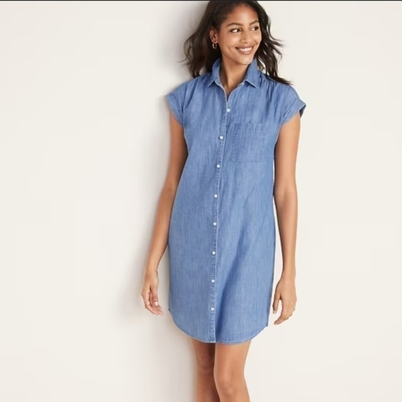 Old Navy Dresses & Skirts - 100%Cotton Chambray Cap-Sleeve Shirt Dress Size Medium Casual Lounge Coastal